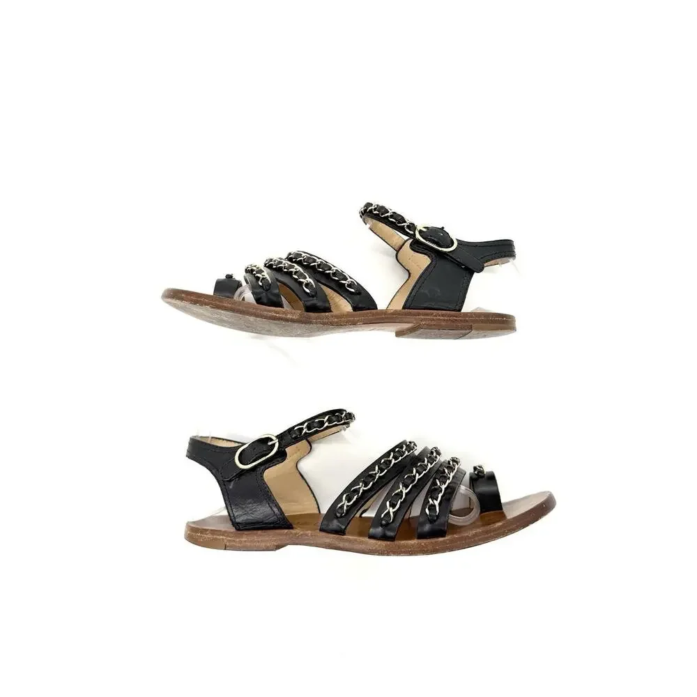 Chanel CC Logo Gladiator Sandals 37.5 US 7.5 Leather Multi Strap Chain Link - Picture 7 of 11